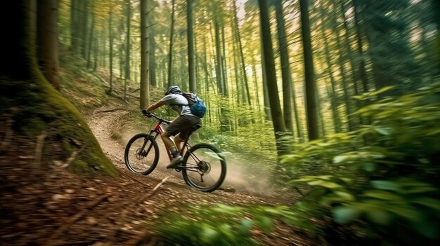 Un hombre anda en bicicleta por el bosque IA generativa