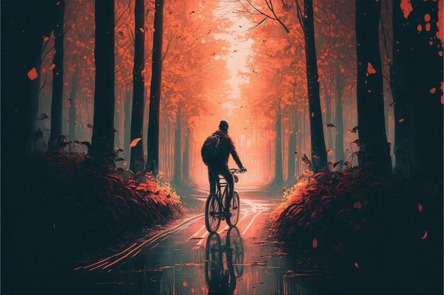 Un hombre anda en bicicleta por el bosque.