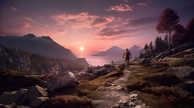 un hombre anda en bicicleta de montaña por un sendero rocoso al atardecer al estilo de tejido perforado