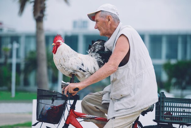 Un hombre anda en bicicleta con su gallo