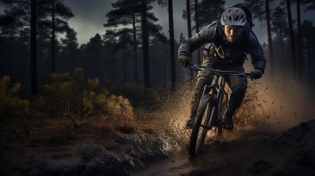 un hombre andando en bicicleta por un bosque