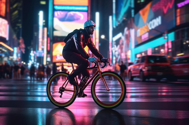 Un hombre andando en bicicleta en una calle de la ciudad en la ciudad