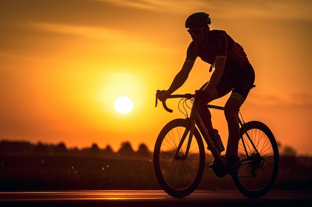 un hombre andando en bicicleta por una carretera al atardecer en el fondo borroso