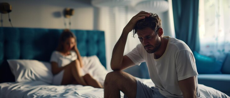 Hombre angustiado sentado en la cama mientras una mujer está en silencio detrás de él