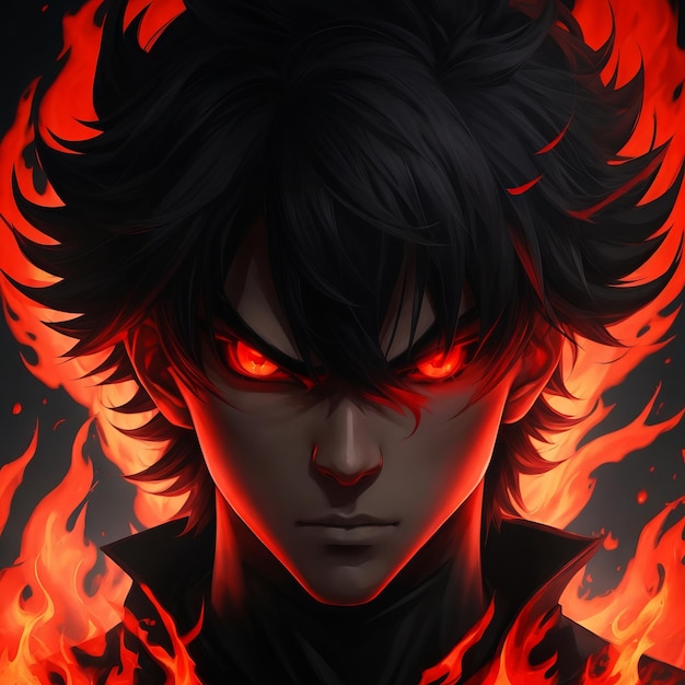 Hombre anime de ojos ardientes con sombra roja y fondo resplandeciente IA generativa