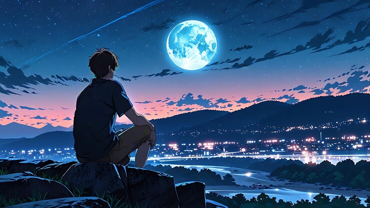 Hombre de anime se sienta en un banco mirando a la luna