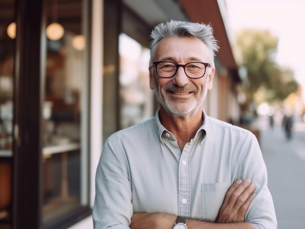 Un hombre con anteojos se para frente a un restaurante.