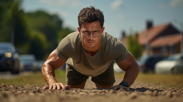 Foto hombre con anteojos haciendo flexiones