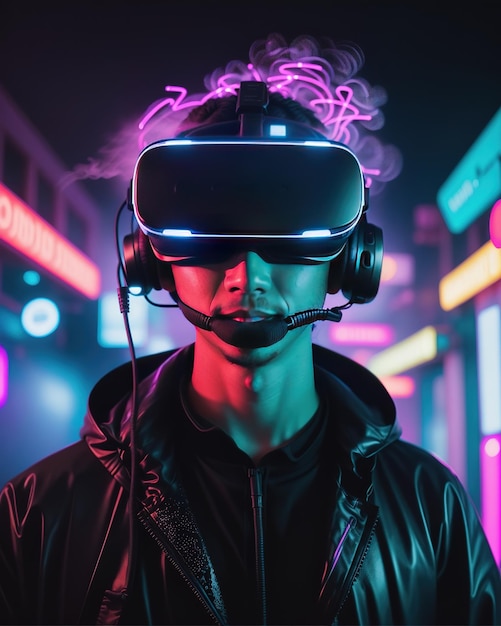 Hombre con anteojos VR futurista estilo neón