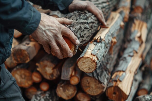 Hombre apilando troncos de leña divididos en una tienda