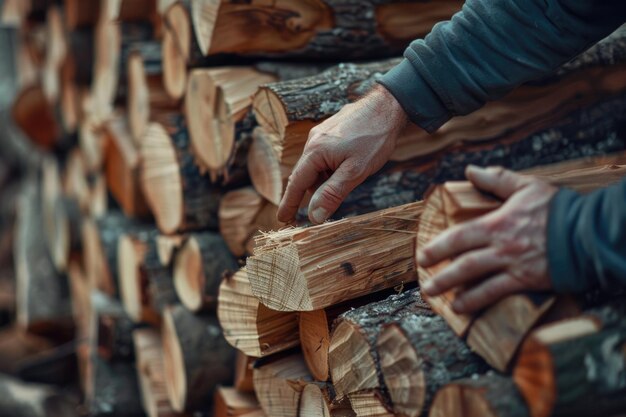 Hombre apilando troncos de leña divididos en una tienda