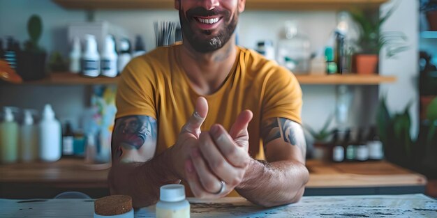 Hombre aplicando esteroides tópicos a la mano para tratamiento médico y alivio Concepto Tratamiento médico Esteroides tóPicos Medidas de alivio de la condición de la piel Cuidado dermatológico