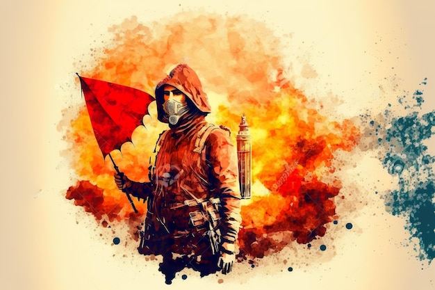 Un hombre apocalíptico con un paraguas en llamas