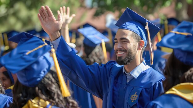 Hombre de apoyo saludando a una mujer graduada en la multitud marcando un hito en la ceremonia de graduación Hombre saludándole a una mujer