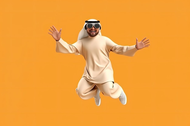 Hombre árabe 3d Volando o cayendo personaje de dibujos animados IA generativa
