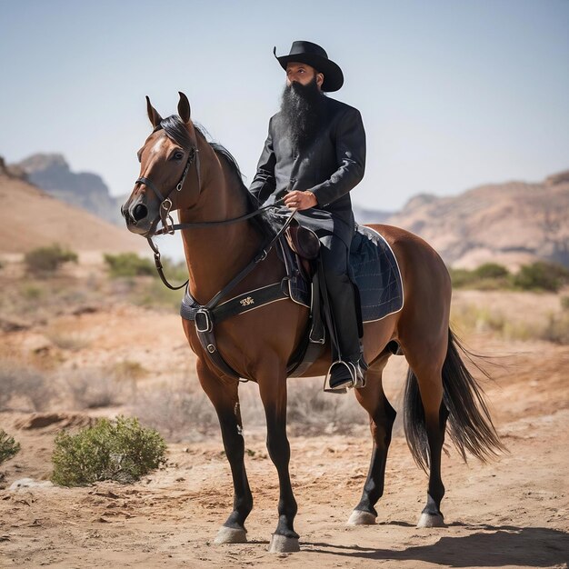 Hombre árabe de barba alta vestido de negro cabalga caballo árabe