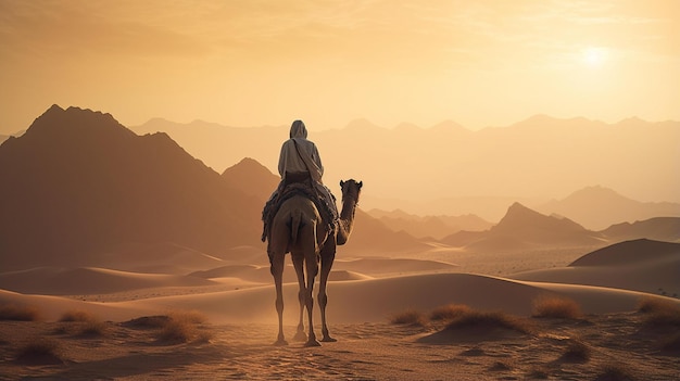 Hombre árabe en camello en el desierto vista trasera