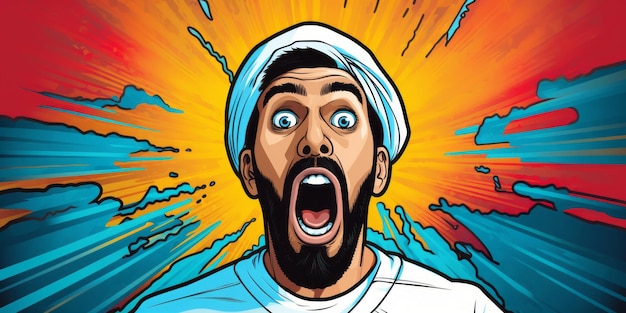 Un hombre árabe expresivo de cómics en un entorno de arte pop colorido que transmite sorpresa IA generativa