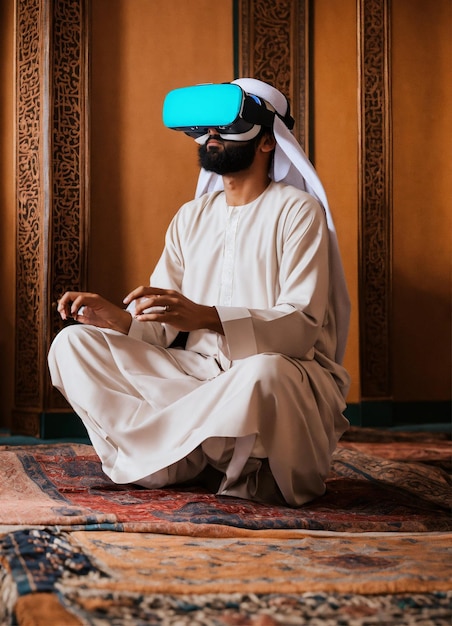 hombre árabe con gafas VR usando realidad virtual en casa