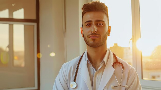 El hombre árabe médico en una bata blanca con una dulce sonrisa contra el fondo de una sala de hospital el concepto de la medicina moderna de la salud