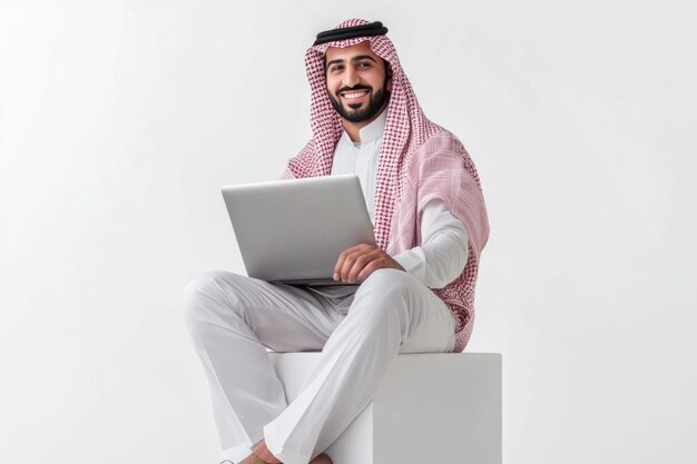 Hombre árabe saudí sonriente con una computadora portátil sentado en un cubo blanco aislado sobre un fondo blanco