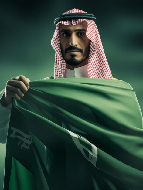 Foto un hombre árabe saudita sostiene la bandera de arabia saudita y celebra el día nacional