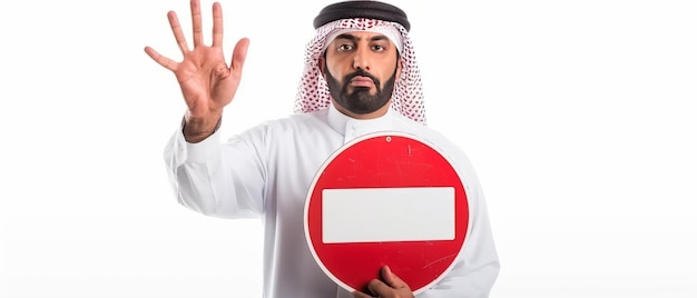 Hombre árabe señalando parada y advertencia Un símbolo de precaución AR