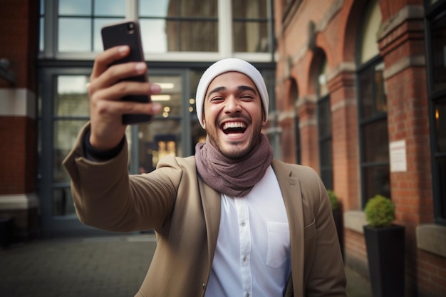 un hombre árabe tomando una selfie en el fondo del estilo bokeh de la ciudad