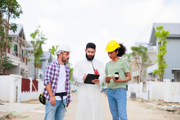 Hombre árabe y trabajo en equipo Mujer y hombre profesionales Afroamericanos de raza mixta Trabajador de la construcción y dueño de un negocio trabajando en una tableta digital en el sitio de construcción