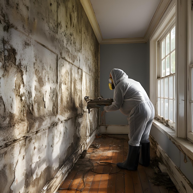 hombre arafado con un traje blanco y un traje de protección pintando una pared IA generativa