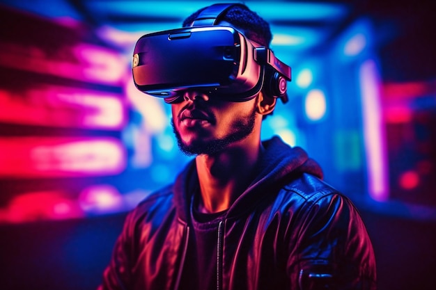 Hombre Arafed con auriculares de realidad virtual en una habitación oscura