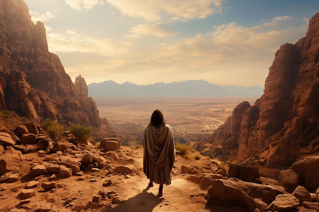 hombre arafed caminando por un camino rocoso en un desierto ai generativo