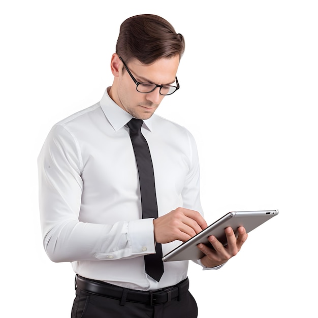 Hombre arafed con camisa blanca y corbata usando una tableta IA generativa