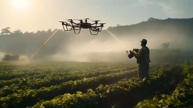 Hombre arafed en un campo con una cámara volando un dron IA generativa