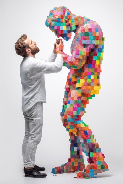 Hombre arafed de pie junto a una escultura hecha de cuadrados de colores generativo ai