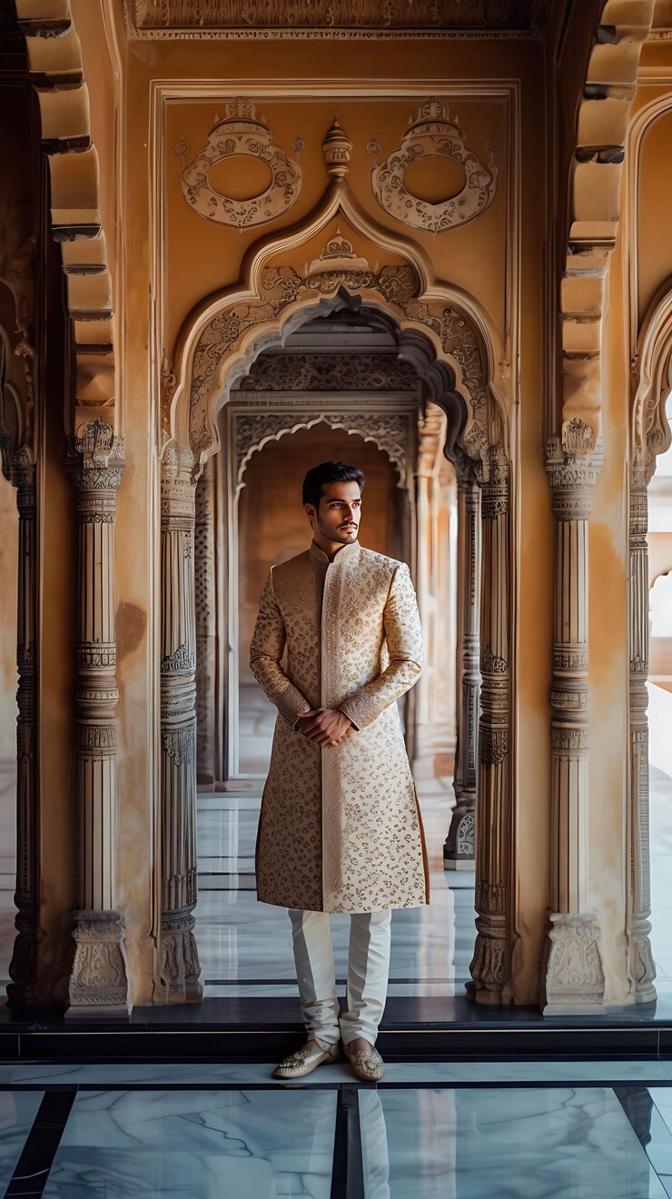 hombre arafed en un sherwani blanco de pie en un pasillo
