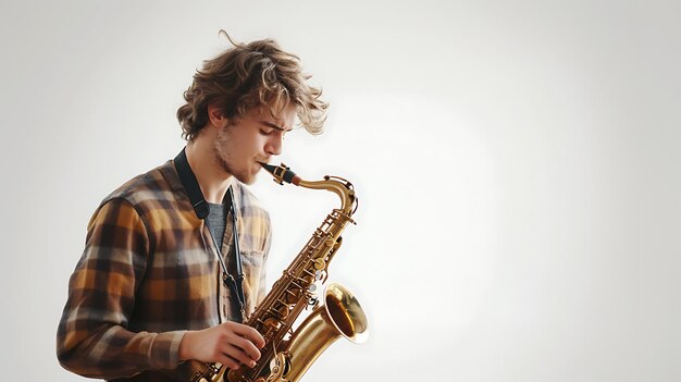hombre arafed tocando un saxofón contra un fondo blanco