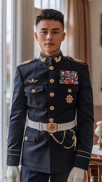 Foto hombre arafed en un uniforme militar de pie en una habitación generativo ai