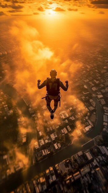 Foto hombre arafed volando por el aire con un paracaídas generativo ai