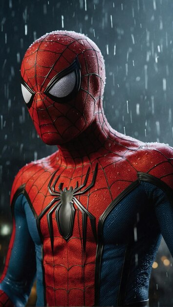 Foto un hombre araña está en la pantalla bajo la lluvia