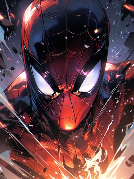 El hombre araña en un traje rojo con ojos brillantes y una capa negra generativa ai
