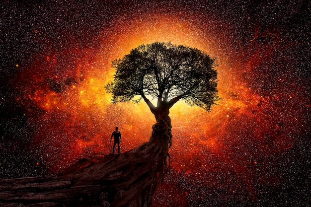 Hombre bajo un árbol frente al universo.