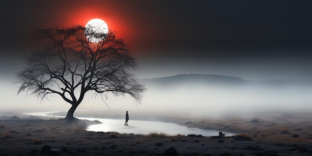 un hombre y un árbol en la nieve