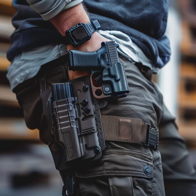 Foto un hombre con un arma en la mano está usando una funda de arma