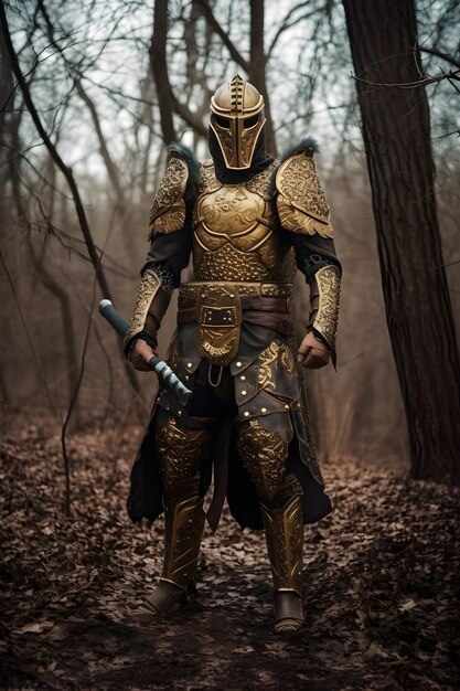 Un hombre con una armadura dorada se para en el bosque con una espada en la mano.