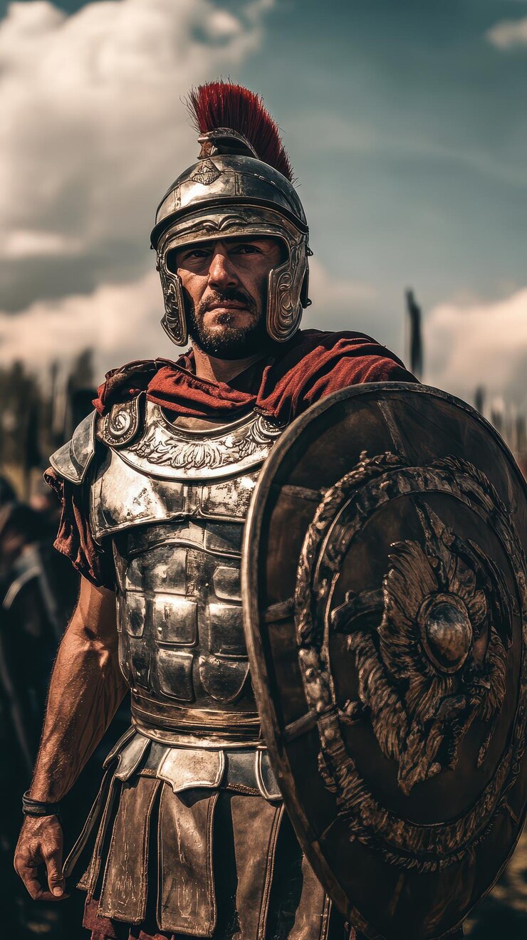 un hombre con una armadura con un escudo en el pecho y un escudo con la palabra "dios" en el peito