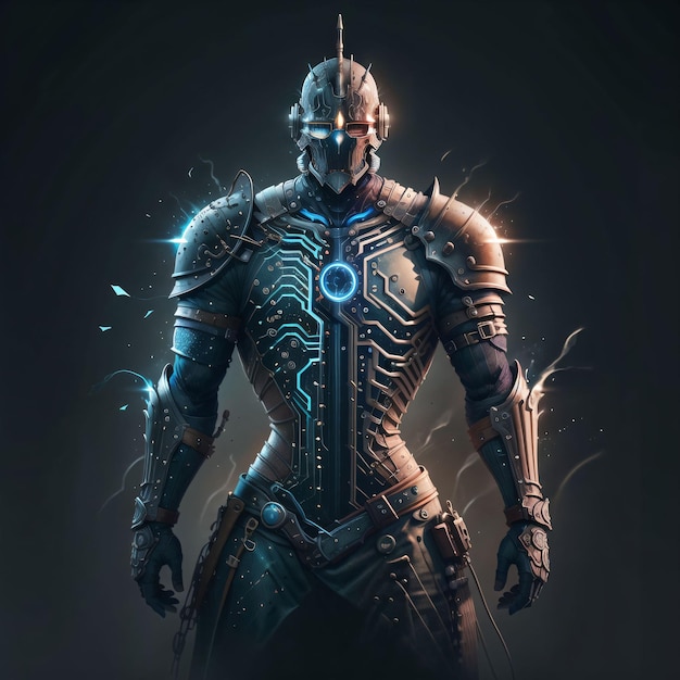 Un hombre con una armadura futurista con una luz azul en el pecho.