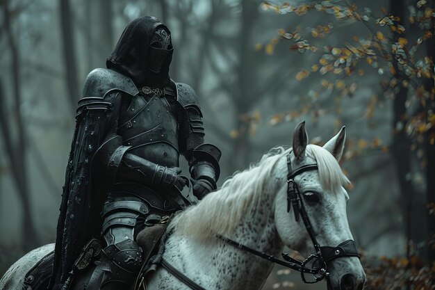 Foto un hombre en armadura montando un caballo en el bosque