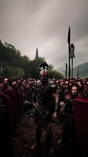 Foto un hombre con una armadura roja de pie frente a un grupo de otros hombres