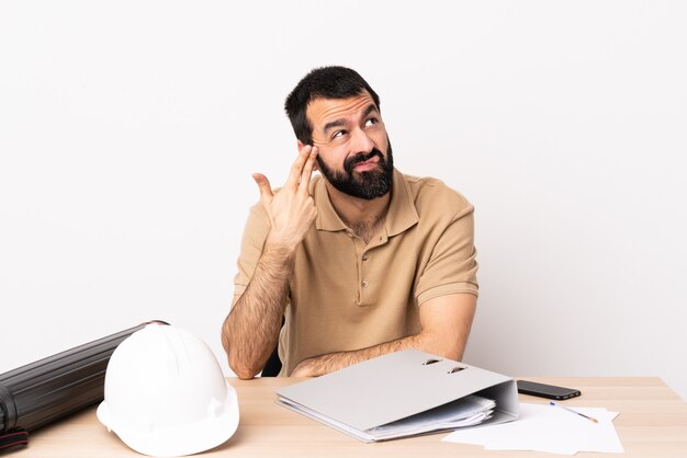 Hombre de arquitecto caucásico con barba en una mesa con problemas para hacer el gesto de suicidio